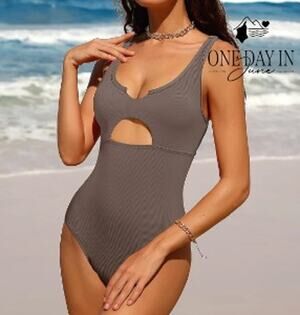 Charmo Ribbed Keyhole Cutout One Piece Swimsuit Brown Taupe NWT Size S
